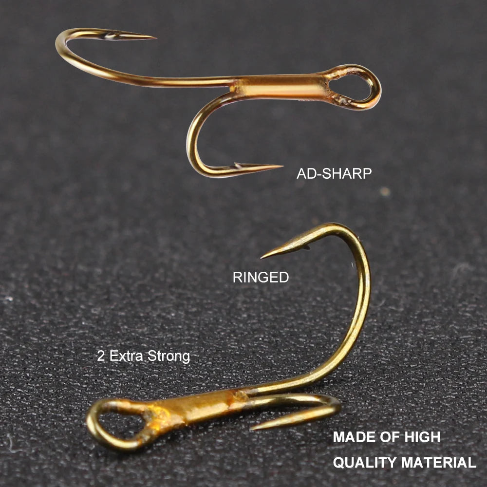 FISH KING 20pcs Double Fishing Hook High Carbon Steel Golden Barbed Hook 1# 2# 4# 6# 8# Pike Trout Perch Ringed Zander Fishhooks