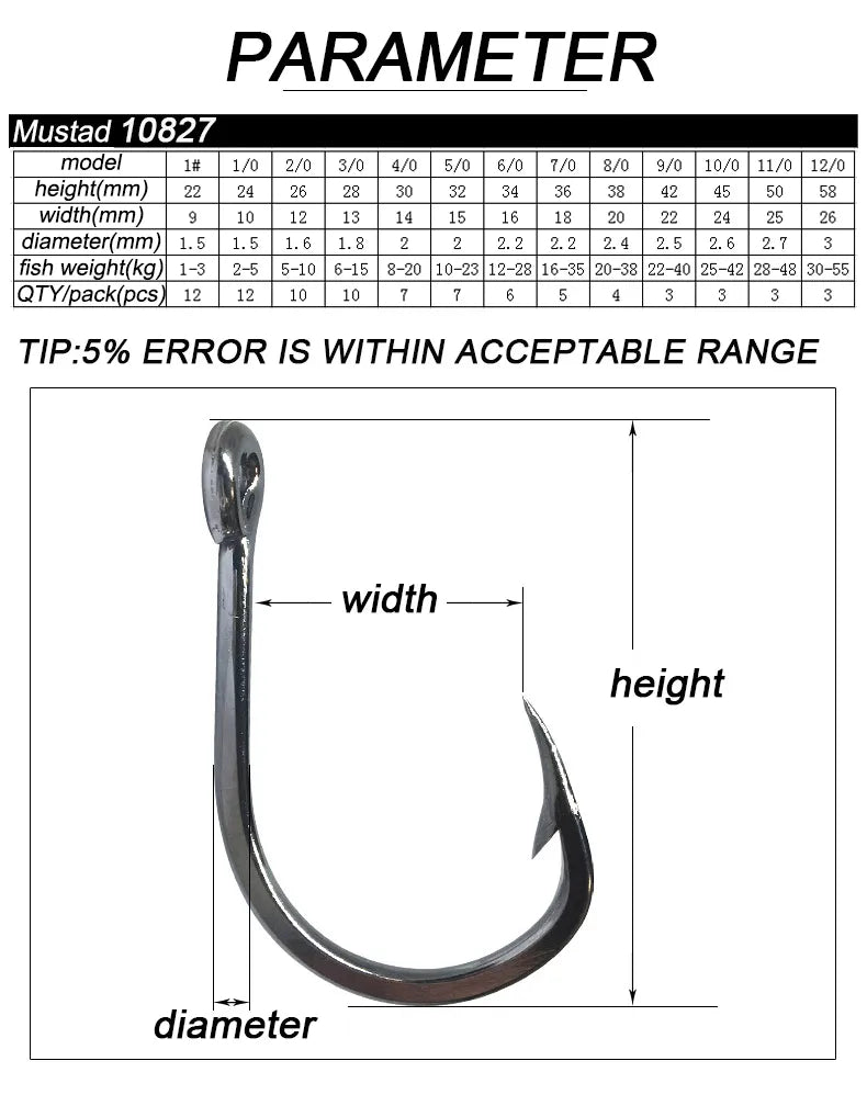 Mustad Norway Origin Sea Fishing Hook Super Power Big Size Circle Fish Hooks,1#-12/0#,10827NP-BN