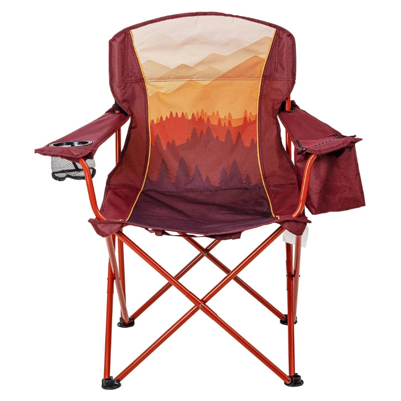Ozark Trail Oversized Camp Chair with Cooler, Ombre Mountains Design, Red and Orange camping chairs folding chair portable