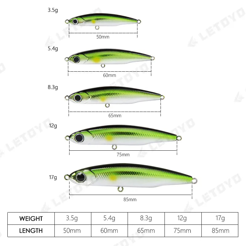 LETOYO Sinking Pencil Bait 50mm 60mm 65mm 75mm 85mm 3.5g to 12g 17g Wobbler Trout Mackerel Micro Sea Fishing Lure Bass Lures