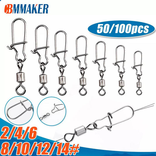 50/100pcs Fishing Connector Stainless Steel Snap Bearing Rolling Fishing Hooks Sea Fishing Lure Multifunction Pin Jig Tackle