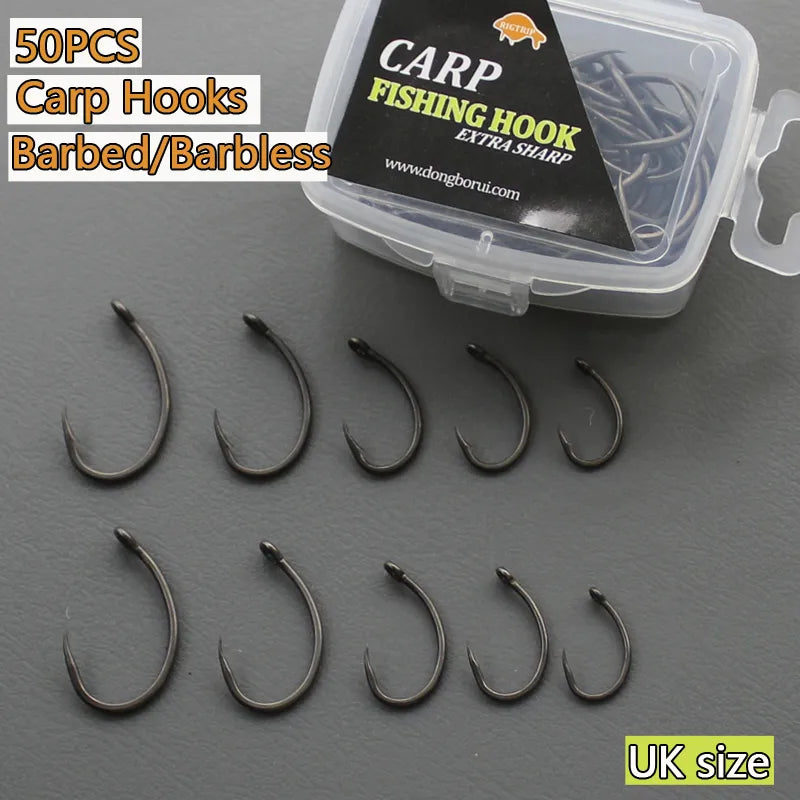 50PCS PTFE Coating High Carbon Stainless Steel Barbed Barbless  hooks Carp Fishing Hooks Pack with Retail Original Box 2 4 6 8