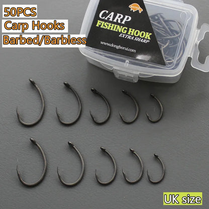 50PCS PTFE Coating High Carbon Stainless Steel Barbed Barbless  hooks Carp Fishing Hooks Pack with Retail Original Box 2 4 6 8